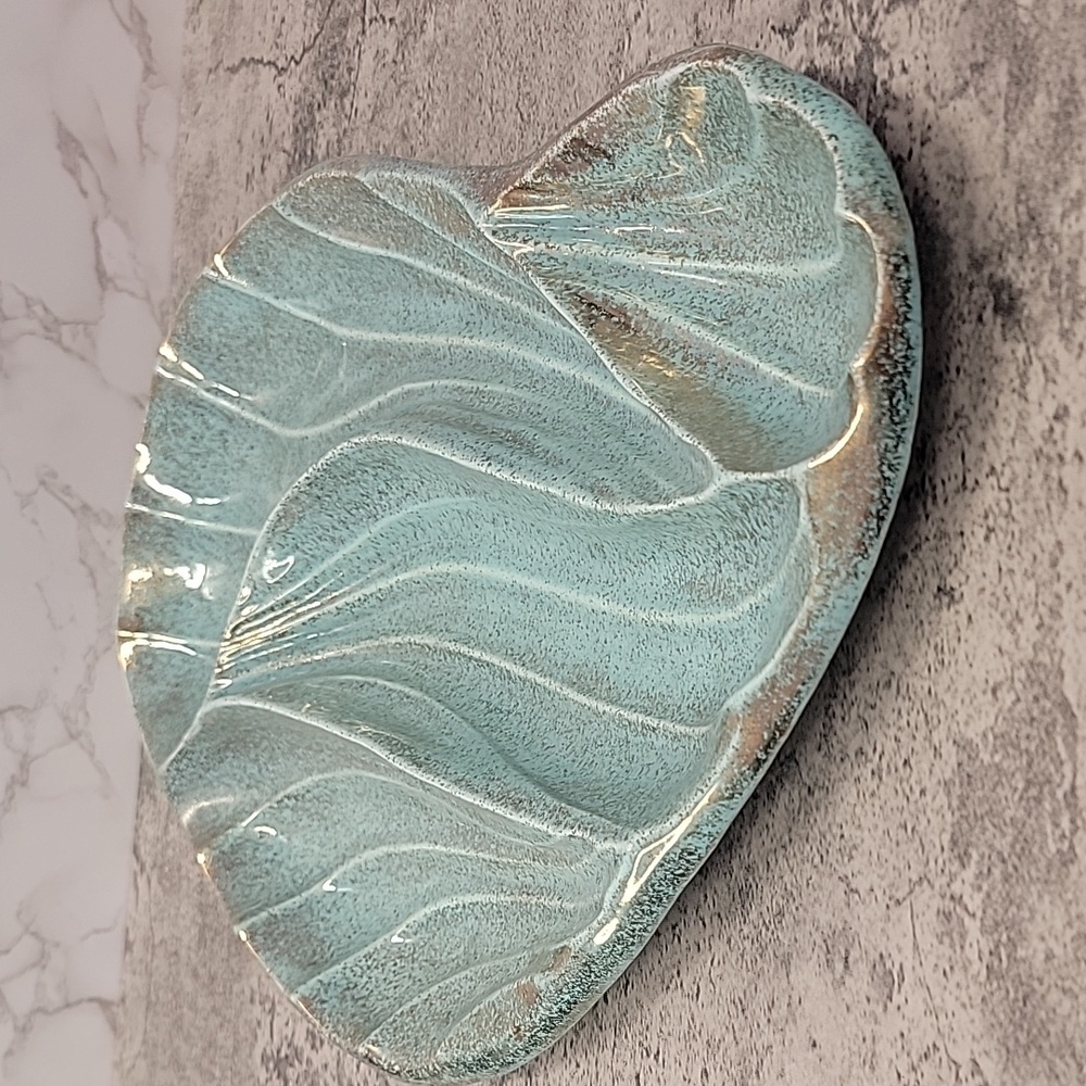 Mid Century Modern California Pottery Turquoise & Gold Leaf Divided Relish Tray - Picture 8 of 11